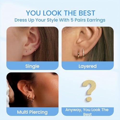 5 Pairs 14K Gold Plated Huggie Hoop Earrings for Women - Lightweight Minimalist Small Hoops, Hypoallergenic Nickel-free Lead-free, Non-Tarnish Everyday Jewelry for Sensitive Ears, Multiple Piercing Stack Set - Image 9