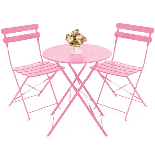 Kromax Outdoor 3 Piece Patio Bistro Set Folding Bistro Table and Chair Pink