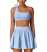ABOCIW Womens 2 Piece Bubble Tennis Skirt One Shoulder Sports Bra Athletic Set Summer Pickleball ...