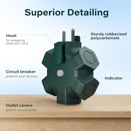 Elecan Extensión Hexagonal con 5 Tomas 15A 125V Modelo E-LABJ-04AD Color Verde con Protección de Sobrecarga miniatura 3