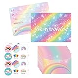 24 PCS Birthday Party Invitations with Envelopes Rainbow Invitation Cards and Stickers for Girls Boys Kids Party Decorations Supplies