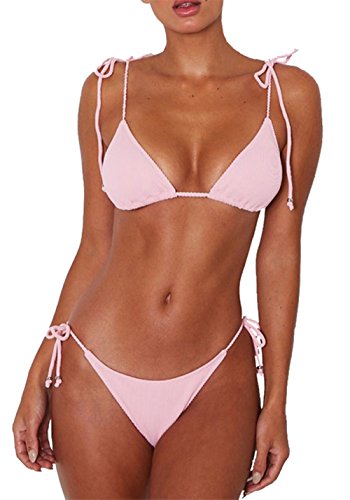Womens Sexy Solid Color Tie Top Bottom Adjustable Skimpy Triangle Bikini String Swimsuit (Pink, M)