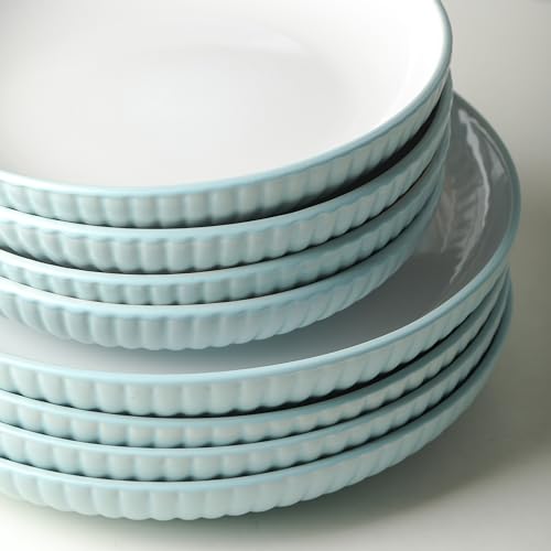 Image of Christian Siriano Lustra Modern 16-Piece Stoneware Dinnerware Set, Plates and Bowls Set, Dinner and Salad Plates, Ramen Bowls, Dishes for 4, Teal