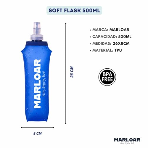 MARLOAR Soft Flask - Botella Plegable - Botella Plegable Silicona - pack de 2 unidades de Soft Flask 500ml para running, trail running y senderismo. BPA free. (500 ML, AZUL) - imagen 3