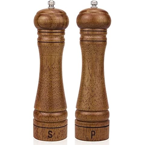 XWXO Wood Salt and Pepper Grinder Set, Salt Mill Pepper Grinder Set, Pepper Mill, Salt Shakers with Adjustable Ceramic Rotor- Oak Wood Pepper Grinder for Your Kitchen 8 inches - Pack of 2 Cover