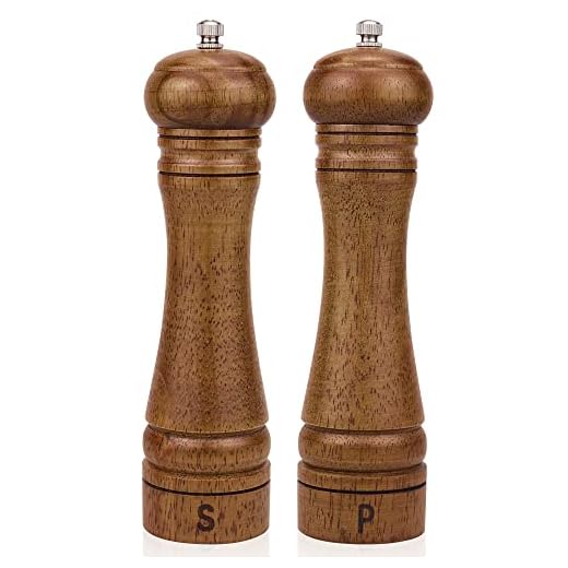 XWXO Wood Salt and Pepper Grinder Set, Salt Mill Pepper Grinder Set, Pepper Mill, Salt Shakers with Adjustable Ceramic Rotor- Oak Wood Pepper Grinder for Your Kitchen 8 inches - Pack of 2