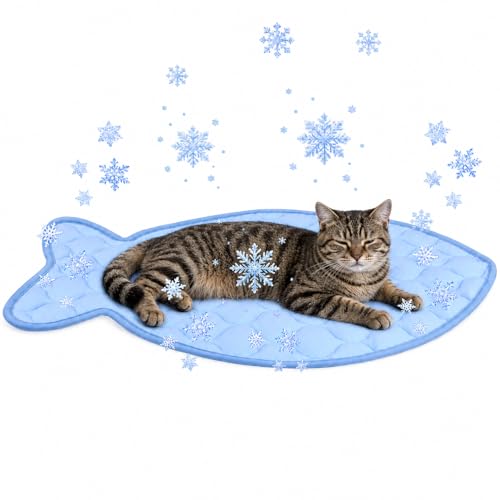 SZEE Cat Cooling Mat Cooling Mat for Cats with Ice Silk Fabric Machine Washable Fish-Shaped for Bed Sofa Floor Car Seat & Crate with Anti-Slip Bottom (27 18)