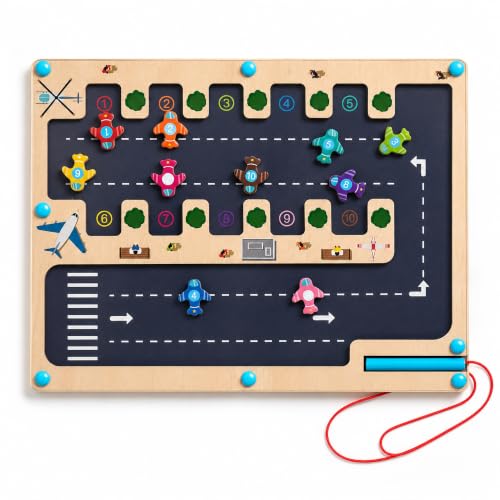 Image of Magnetic Number Maze Toy for Toddlers Ages 3-5, Wooden Airport Parking Puzzle with Magnetic Pen, Montessori Counting & Number Matching Learning Toy, Fine Motor Skills Activity for Boys Girls 3 4 5