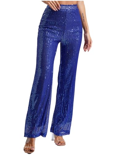 Womens Sparkle Sequin Loose Elastic High Waist Straight Leg Pants Night Out Trousers3