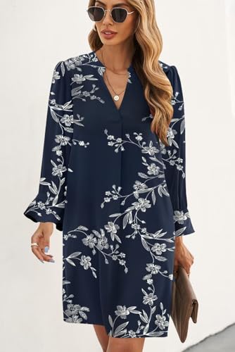 Image of Wkior Womens Fall Ruffle Long Sleeve V Neck Shift Dresses (S-XXL) | Casual Loose Design, Breathable Fabric, Fall Lightweight Clothes,Vacation Travel Outfit, Essential Fashion Dress