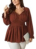 SCOMCHIC Womens Plus Size Tops Long Sleeve Blouse Ruffle Sweetheart Neckline Smocked Peplum Babydoll Top Rust