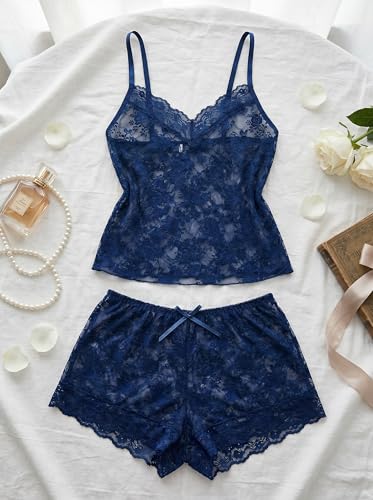 Image of Avidlove Sexy Pajama Set for Women Floral Lace Lingerie Set Sheer Sleepwear See Through Cami Shorts 2 Piece