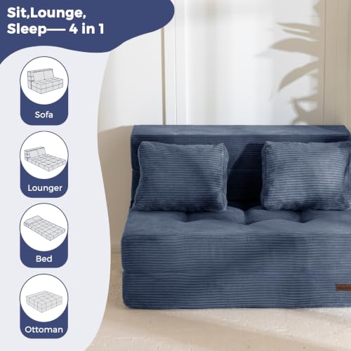 Image of MAXYOYO Convertible Sofa Bed, Fold Out Sofa Couch with Pillow for Adults | Loveseat Sofa 4 in 1 Tufted Folding Couch Bed Foam Floor Couch, Lazy Chair for Living Room Bedroom Guest Room, Dusty Blue