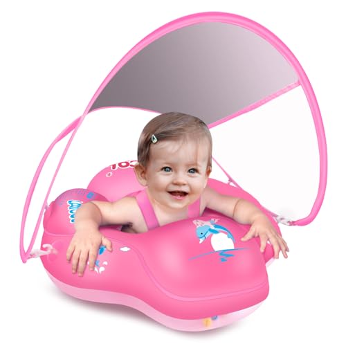 Image of Baby Pool Float No Flip Over, Inflatable Baby Float with Sun Protection Canopy, Baby Swimming Float, Baby Swim Float with Double Air Chambers, Add Tail for Age of 3-36 Months