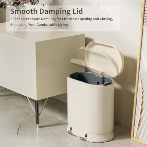 Image of MRBIN Metal Bathroom Trash Can with Lid, 20L / 5.3gal Commercial Step Waste Basket for Kitchen, Medium Toilet Garbage Pail with Stainless Steel Foot Pedal for Near Desk, Restroom, Rv, Vanity, White