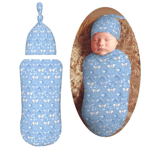 Image of Light Blue Bows and Hearts Newborn Swaddle Blankets Hat Sets Soft Baby Receiving Blanket Swaddle Sack for Baby Shower Infant Boy Girl Gift