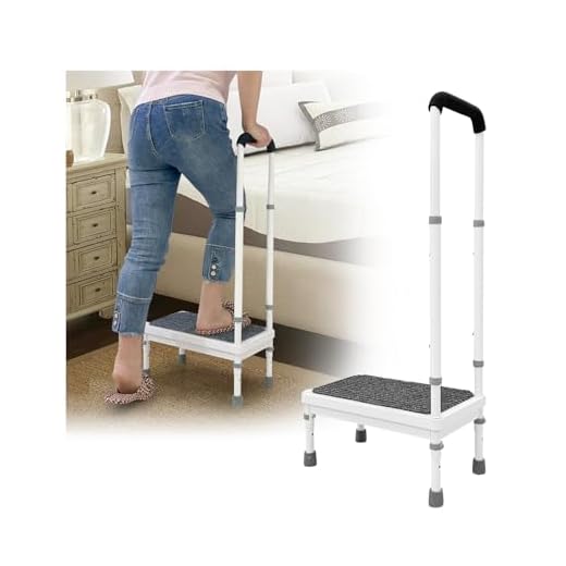 Step Stool with Handle for Elderly Medical Step Stools Seniors Handicap High Beds Mobility Platform Steel Foot Steps with Handrails Ramp Assist for Car, Bedside, Shower, Bathtub (400 LBS) (Gray, 45cm)