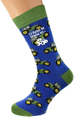 I'd Rather Be Driving My... Tractor Image printed in White Vinyl on woven Mens Two Tone Blue with Green Trim Cotton Socks X6HL031. Single Pair, UK size adult 8-12