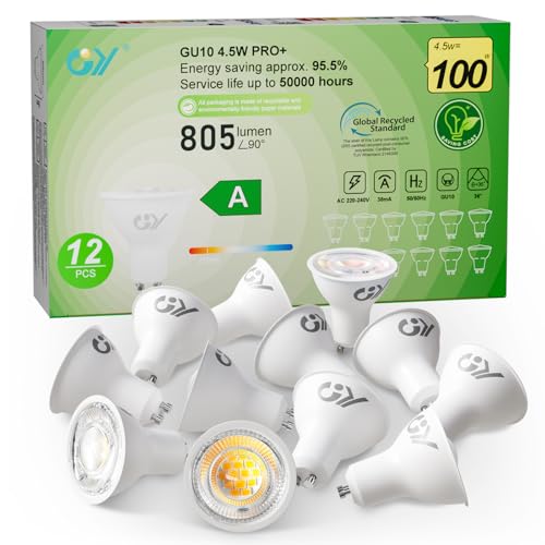 GY Ampoules GU10 LED Spot Classe A, 805LM Blanc Froid 6500K，4,5W Équivalent 100W GU10 36° (Faisceau Étroit), Efficacité Energétique, Non-Dimmable, Lot de 12