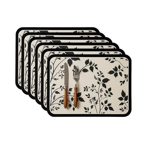 Image of Premium Leather Dining Placemats - Waterproof, Heat Resistant, Non-Slip Table Mats for Kitchen & Dining (Pack of 6, Black Botanical)