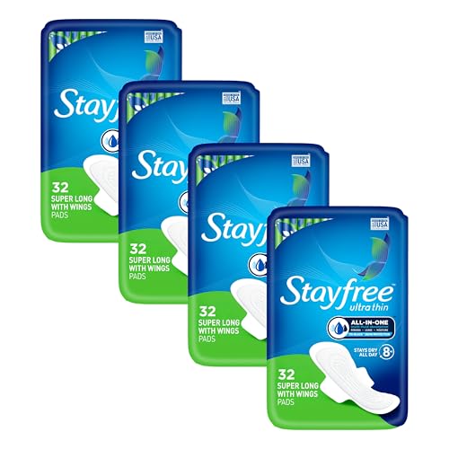 Stayfree Ultra Thin Super Long Pads with Wings For Women Reliable Protection and Absorbency of Feminine Moisture Leaks and Periods 32 count - Pack of 4