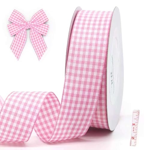 Norsearibbonwf Gingham Ribbon1-Inch Checkered Ribbon Wide Taffeta Plaid Ribbon 25 Yard Roll Assorted Spring Easter Plaid Ribbon for Crafts Gift Wrapping (Baby Pink)