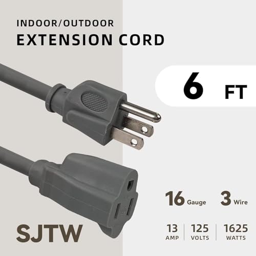 Image of 6ft Outdoor Extension Cord for Christmas Decorations - 16 /3 Heavy Duty SJTW Waterproof Gray Electrical Cable with 3 Prong Grounded Plug for Safety, Great for Lawn and Major Appliances