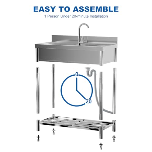 DEXSO Free Standing Kitchen Sink 39\'\'x20\'\'x37\'\' Stainless Steel, With 360°Rotating Faucet, Hot and Cold Water Pipes, Storage Rack, Utility Single Bowl Sink for Kitchen, Restaurants, Garages, Outdoor