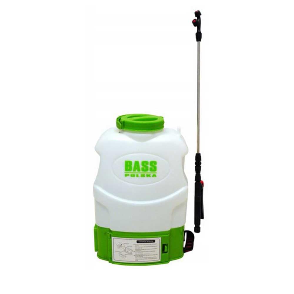 Bass Polska Spruzzatore posteriore a batteria, 16 l, elettrico da giardino con pompa a membrana da 12 V, lancia telescopica, ugello per erbicidi, caricabatterie, bianco-verde