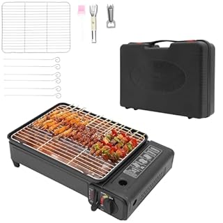 ACROSSPART Tragbarer Camping Gasgrill, Gasgrill Klein mit Grillnetz und Koffer, Tischgrill Gas mit Überdruckschutzvorrichtung und Piezo-Zündvorrichtung für Camping, Reisen, Trekking