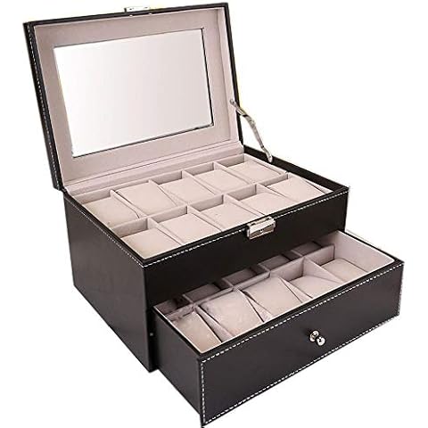 SavingPlus 6/10/12/20/24 Faux Leather Watch Case Display Box Storage Jewellery Glass Top New (20 Grids) Cover