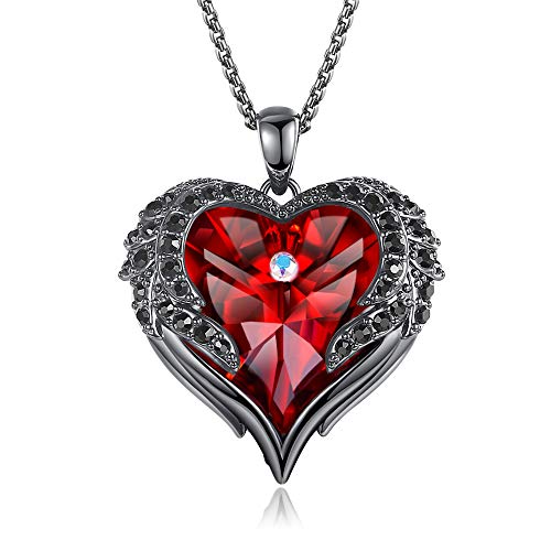 NEWNOVE Red Crystal Angel Wing Love Heart Necklace for Women Jewelry Gifts for Her Holiday Birthday Gifts for Women Girls, Black Gold Tone, 18