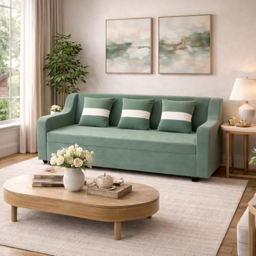 Image of KENDALWOOD Furniture 3 Seater Fabric Curve Handle Sofa for Living Room Furniture | 3 Seater Sofa | Sofa for Home & Office | Fabric Color:- Sage Green
