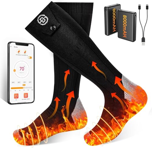 Beheizbare Socken mit APP-Steuerung 5V 8000mAh Fußwärmer Warme Socken Damen Herren Waschbare 4 Temperatur Wiederaufladbare Heizsocken für Winter Skifahren, Radfahren, Angeln, Camping, Wandern