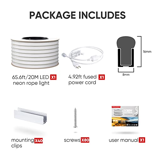 Shine Decor Led Neon Rope Lights Connectable, 65.6Ft Flexible Ac 110V 120V Neon Led Strip Lights(Warm White) Outdoor Waterproof, 20M Etl Plug&Play Neon Strings Lighting 120Leds/M For Home Commercial #TOP5