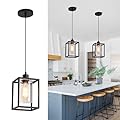 Black Pendant Lights for Kitchen Island Industrial Lantern Pendant Light Fixtures with Clear Glass Shade, Farmhouse Adjustable Height Hanging Pendant Lighting