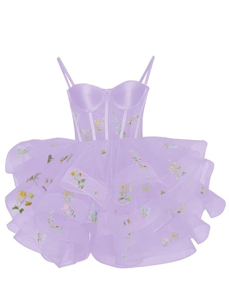 GARDOM Spaghetti Strap Tiered Glitter Tulle Homecoming Dress Short Flower Embroidery Sparkly Ruffle Prom Dresses Teens