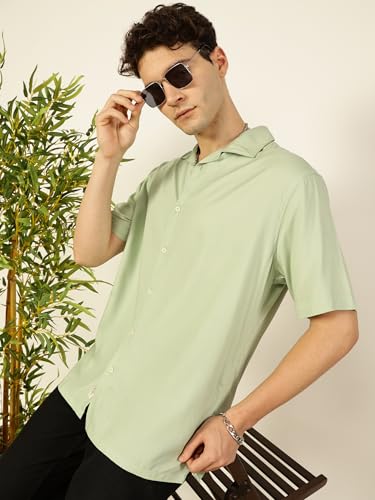 Image of Thomas Scott Men Half Sleeves Camp Collar Oversize Fit Solid Casual Shirt