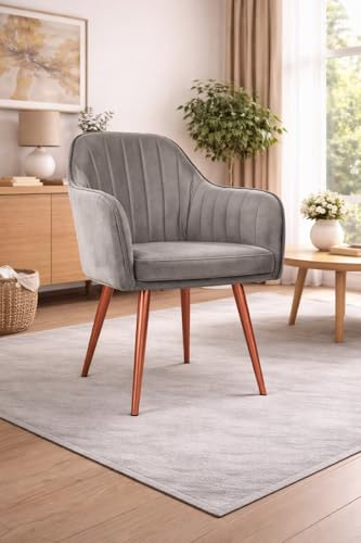 Image of Plush Dining Chair | Accent Chair for Living Room Bedroom Restuarant | Velvet Fabric & Thick Cushion Seat with Sturdy Glossy Metal Legs (Bronze Legs, Grey)