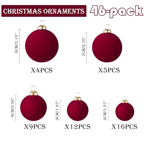46Pcs Velvet Christmas Ball Ornaments Set - Flocked Shatterproof Christmas Tree Decorations Classic Hanging Ornaments with Rope for Xmas Wreath Holiday Home Decor (Multi-Size, Burgundy) - image 2