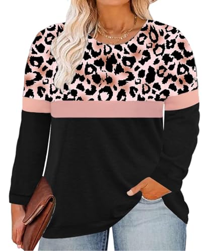 Image of TIYOMI Plus Size Tops for Women Raglan Long Sleeve V Neck T Shirts Casual Color Block Leopard /Floral Tops Winter Tee Shirt