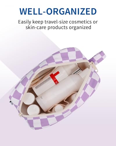 Image of Narwey Small Checkered Makeup Bag for Purse Travel Makeup Pouch Mini Cosmetic Bag Zipper Pouch for Women (Purple Checkerboard, Small)