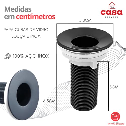 Válvula Pia Banheiro Lavatório Cuba 7/8 Metal Preta Escoamento + Sifão Sanfonado Extensivo Pvc Preto