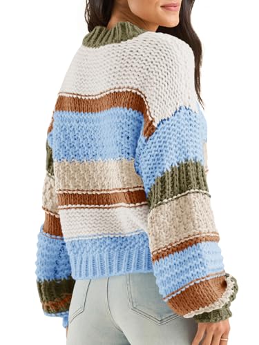Saodimallsu Womens Color Block Sweater Striped Chunky Knit Cropped Sweaters Crewneck Fall Long Sleeve Loose Pullover Tops3