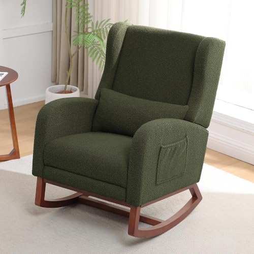 Image of HCHAIRH Rocking Chair Nursery with Foot Rest, Wingback Nursery Rocking Chairs Teddy Nursing Chairs Glider Rocker with Pillow for Living Room, Bedroom, Green