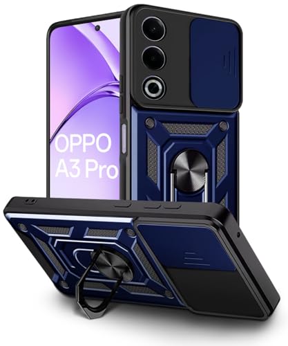 Image of WOW IMAGINE Tough Armor Bumper Mobile Back Case for Oppo A3 Pro 5G | Oppo K12x 5G | Sliding Camera Shield Cover | Shock Proof 360 Protection | Hybrid PC + TPU | Ring Holder with Kickstand - Blue