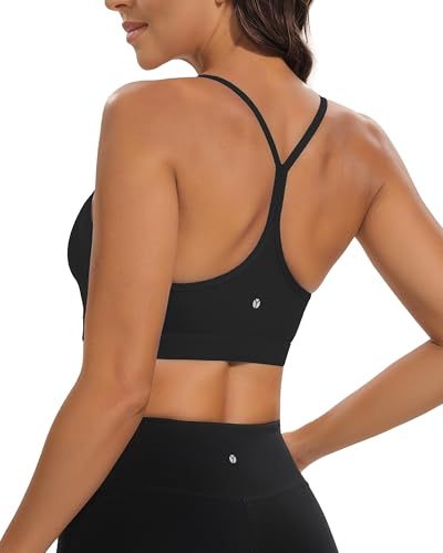 YVQYVQ Buttery Soft Y-Back Sports Bra for Petite Women, Spaghetti Straps High Stretch Yoga Workout Top with Removable Pads (US, Alpha, Large, Regular, Petite, Black)