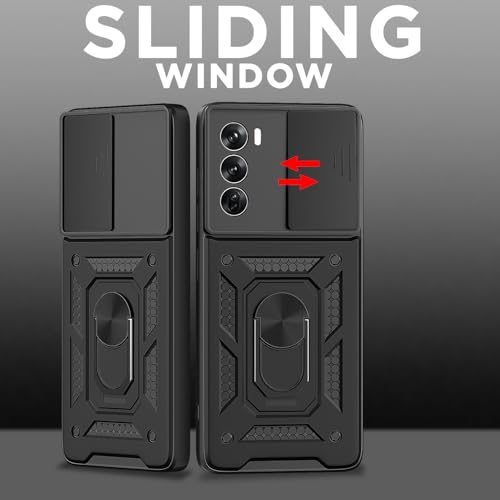 Image of Outlouders Back Cover for Oppo Reno 12 Pro 5G | D10 Tough Armor 360 Protection Case with Sliding Camera Shield & Ring Holder Stand Bumper Case (Black)