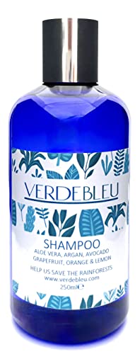 99% Natural CHAMPÚ - ALOE VERA, ARGAN, AGUACATE, POMELO, NARANJA & LIMÓN - 250ml de VERDEBLEU. Sin Sulfatos, Sin Parabenos. PH 5.5. Damos el 5% de Ganancias para Ayudar a Salvar los Bosques Lluviosos.