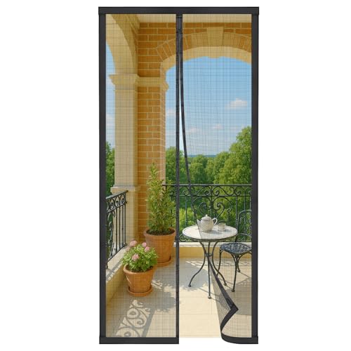 Moustiquaire Porte Fenêtre 90x200 cm - Fermeture Automatique, Magnétique Porte Anti Mouches, Maille Fine Lavable en Fibre de Verre, Bande Adhésive 3,8 cm, Noir